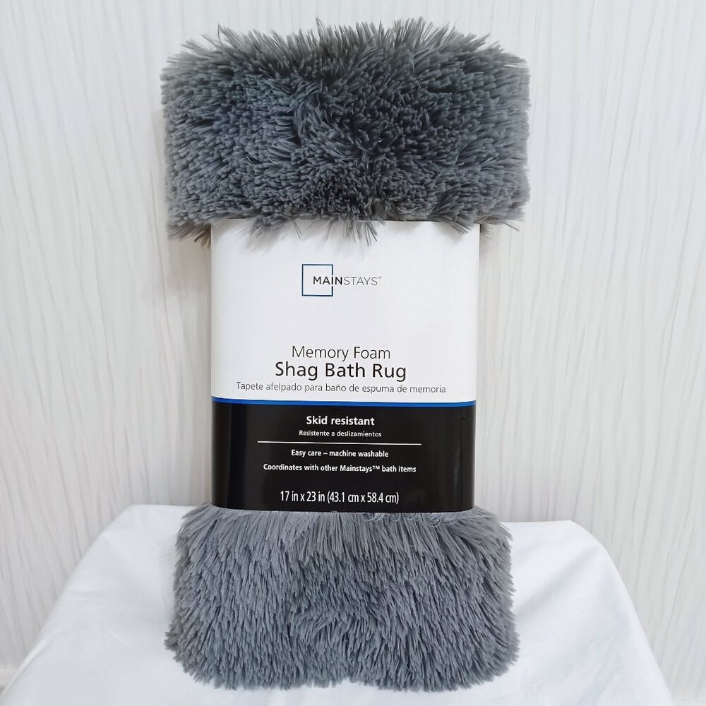 Mainstays Memory Foam Shag Bath Rug Gray Silver - Skid Resistant Easy Care